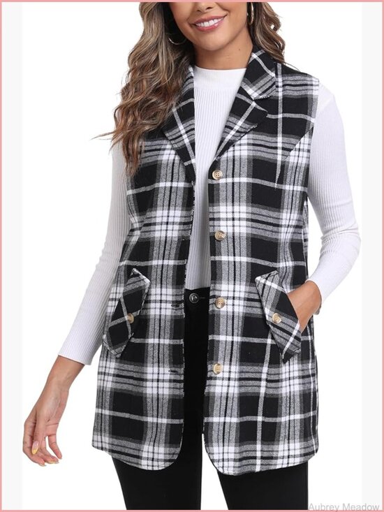 Jackets & Blazers - Long Flannel Plaid Vest Sleeveless Button Down Blazer Jacket Cardigan